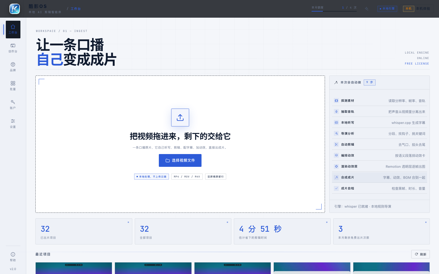 酷影智剪工作台界面：左侧拖入素材，右侧九步流水线进度，下方项目统计